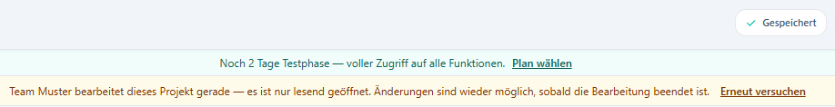 Bild 16.1 – Der Kopf des Editors: oben rechts der Speicherstatus Gespeichert, darunter die Leiste mit dem Hinweis, dass das Projekt gerade von einer anderen Person bearbeitet wird, samt der Schaltfläche Erneut versuchen.