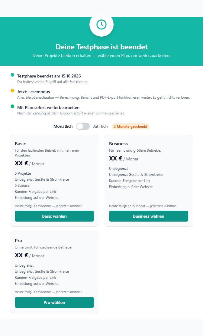 Bild 3.1 – Paywall-Fenster Deine Testphase ist beendet mit dem Hinweis, dass Ansehen, Berechnung und PDF-Export weiterlaufen, und den Tarifkarten darunter.