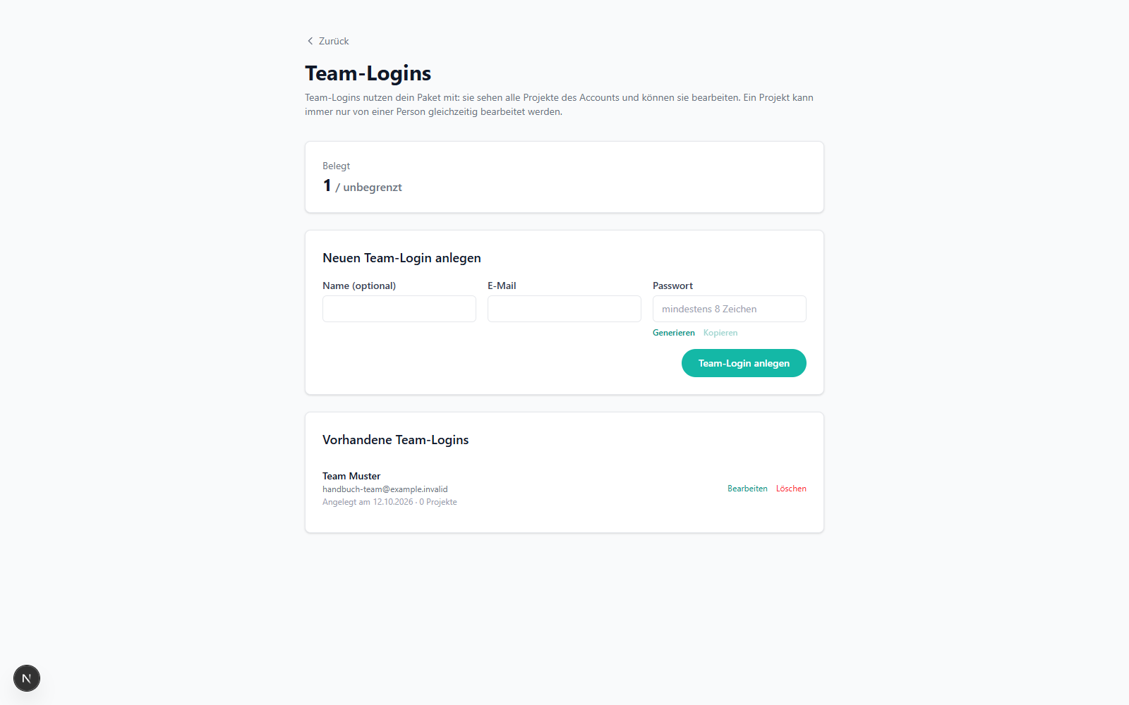 Bild 4.1 – Seite Team-Logins mit der Karte Belegt, dem Block Neuen Team-Login anlegen und der Liste Vorhandene Team-Logins.
